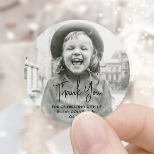 ANY Birthday Party Chic Script Photo Thank You Classic Round Sticker