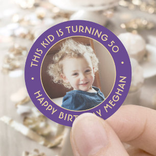 ANY Birthday Party Chic Simple Photo Purple & Gold Classic Round Sticker