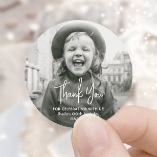 ANY Birthday Party Chic Typography Photo Thank You Classic Round Sticker