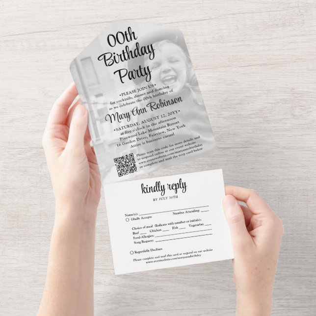 ANY Birthday Party QR Code RSVP and Photo Overlay All In One Invitation (Tearaway)