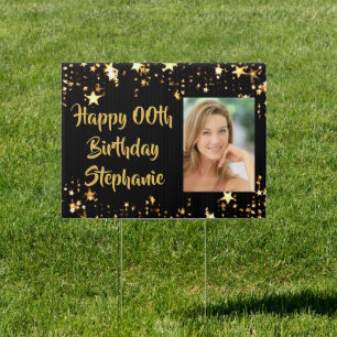 Any Birthday Photo Black Gold Stars Garden Sign