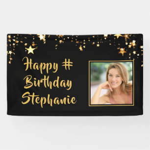 Any Birthday Photo Black Gold Stars Personalised Banner