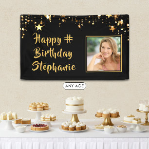 Any Birthday Photo Black Gold Stars Personalised Banner
