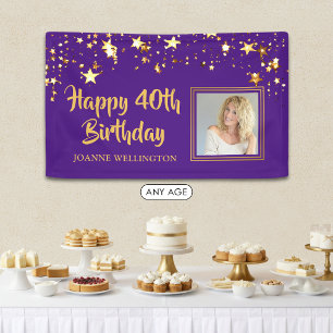 Any Birthday Photo Purple Gold Stars Personalised Banner