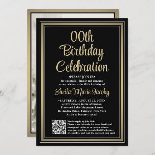 ANY Birthday • Photo & QR Code Black & Gold Party Invitation
