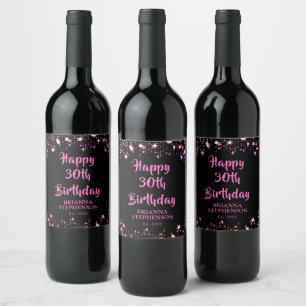 Any Birthday Pink Black Stars Brush Script Wine Label