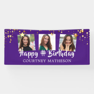Any Birthday Purple Gold Stars Photo Personalised Banner