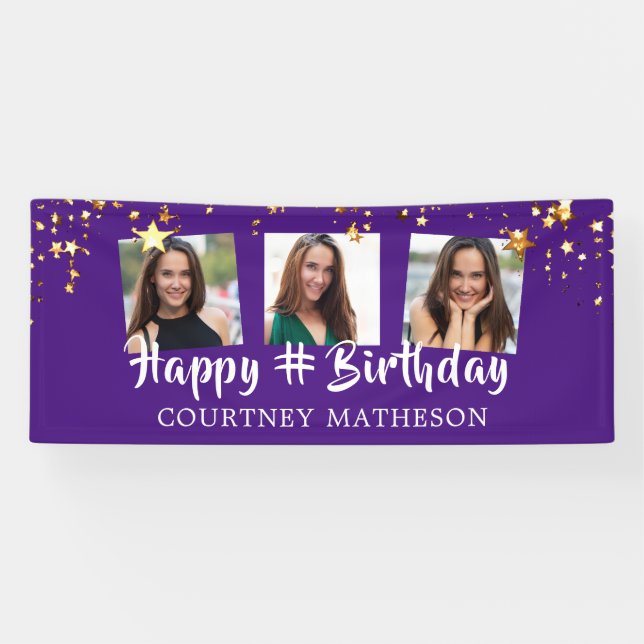 Any Birthday Purple Gold Stars Photo Personalised Banner (Horizontal)
