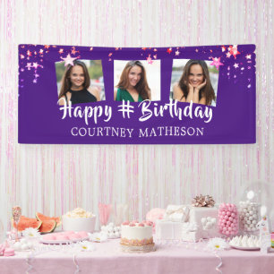 Any Birthday Purple Pink Stars Photo Personalised Banner