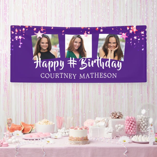 Any Birthday Purple Pink Stars Photo Personalised Banner (Party)