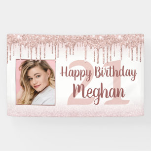 Any Birthday Rose Gold Glitter Drip Sparkle Photo Banner