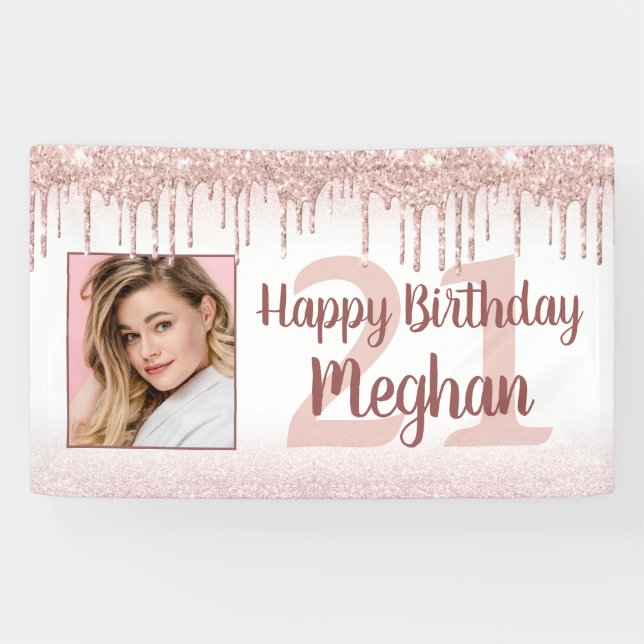Any Birthday Rose Gold Glitter Drip Sparkle Photo  Banner (Horizontal)