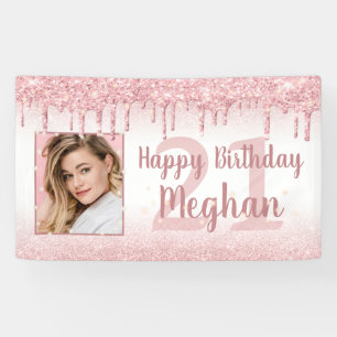 Any Birthday Rose Gold Glitter Drip Sparkle Photo Banner