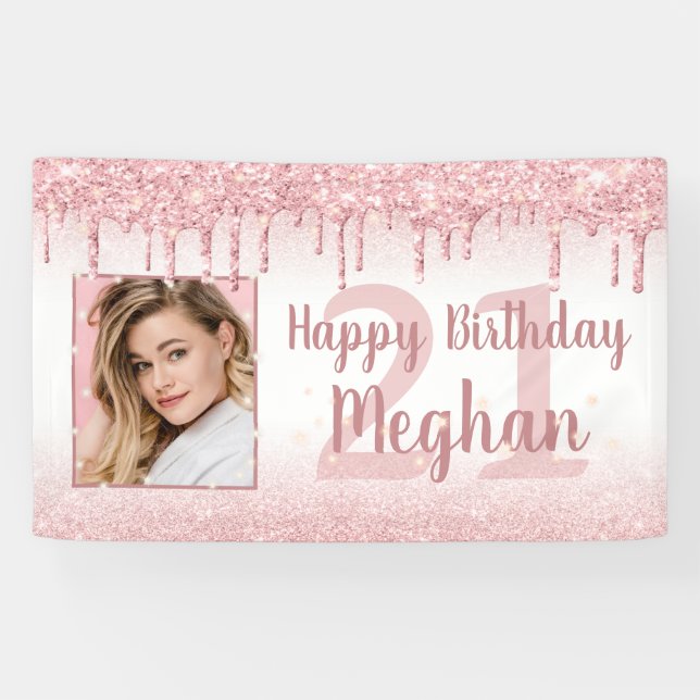 Any Birthday Rose Gold Glitter Drip Sparkle Photo Banner (Horizontal)