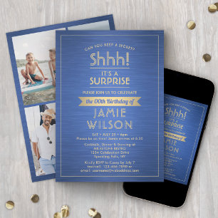 ANY Birthday Surprise Party Brushed Blue 4 Photo Invitation