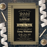 ANY Birthday Surprise Party Elegant Black and Gold Save The Date<br><div class="desc">Can you keep a secret? Invite family and friends to an elegant and exciting surprise birthday celebration with custom black and gold save the date party invitations. All wording on this template is simple to personalise, including message that reads "Shhh! It's a SURPRISE." The design features a modern striped border,...</div>