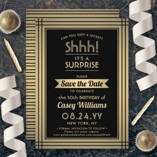 ANY Birthday Surprise Party Elegant Black and Gold Save The Date (Creator Uploaded)