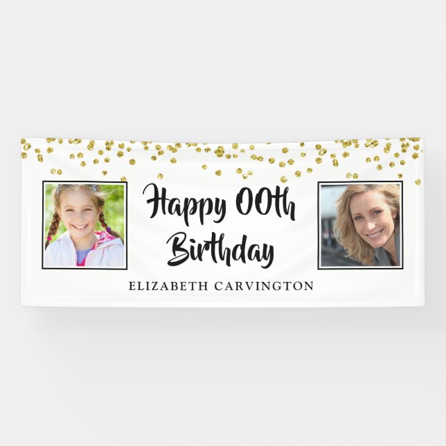 Any Birthday Then & Now Photos Gold Confetti Banner (Horizontal)
