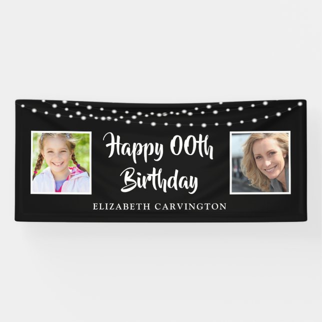Any Birthday Then & Now Photos String Lights Black Banner (Horizontal)