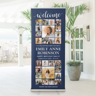 ANY Birthday Welcome Multi Photo Collage Navy Blue Retractable Banner