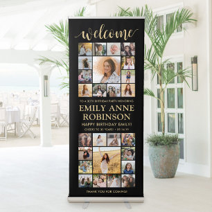 ANY Birthday Welcome Photo Collage Black and Gold Retractable Banner