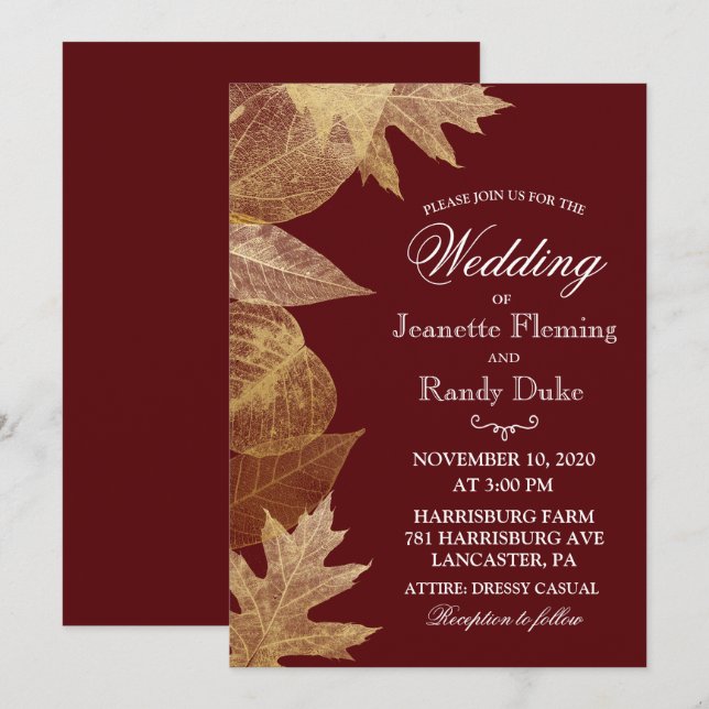 ANY COLOR - Autumn Fall Leaves Wedding Invitation (Front/Back)