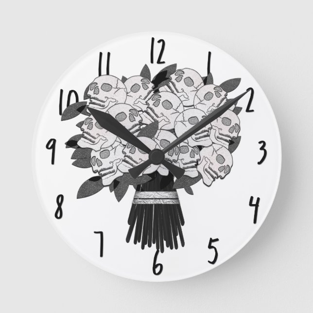 Any color* Bouquet of Skull Roses Black & White Round Clock (Front)