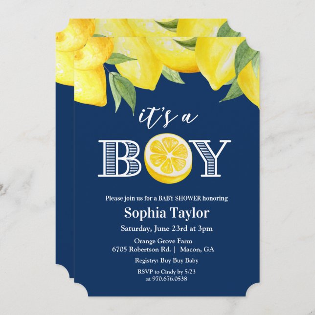 ANY COLOR - Boy Lemon Baby Shower Invitation (Front/Back)