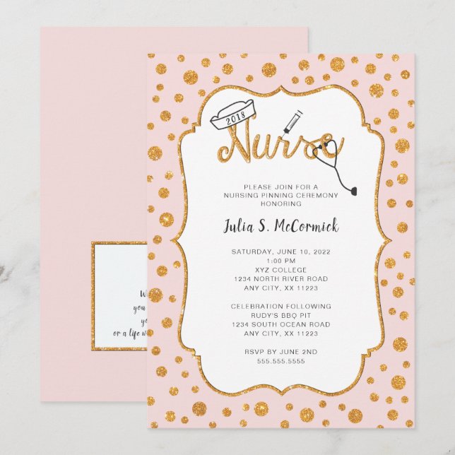 ANY COLOR Nurse graduation pinning + faux gold Invitation (Front/Back)