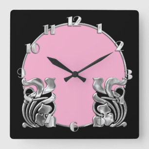 Any Color with Black Art Deco Silver Design Square Wall Clock