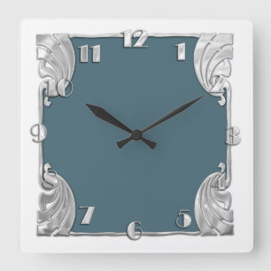 Any Color with White Art Deco Silver Design Square Wall Clock