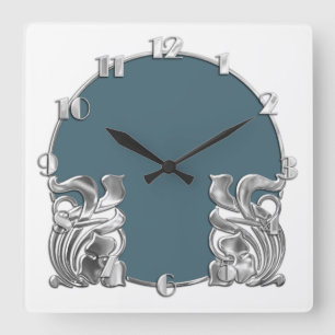 Any Color with White Art Deco Silver Design Square Wall Clock