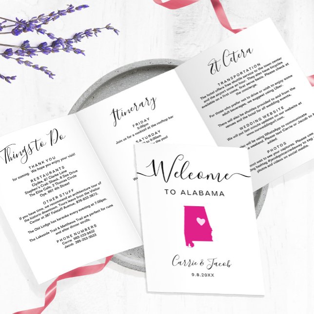 Any Colour Alabama Wedding Welcome Itinerary Lette Tri-Fold Programme (Alabama Map Trifold Wedding Weekend Itinerary, Welcome Letter, and Things to Do Card)