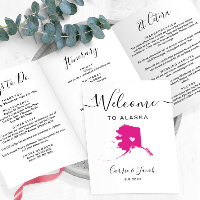 Any Colour Alaska Wedding Welcome Itinerary Letter Tri-Fold Programme (Alaska Wedding Welcome Letter & Itinerary Trifold Card for Welcome Bags)