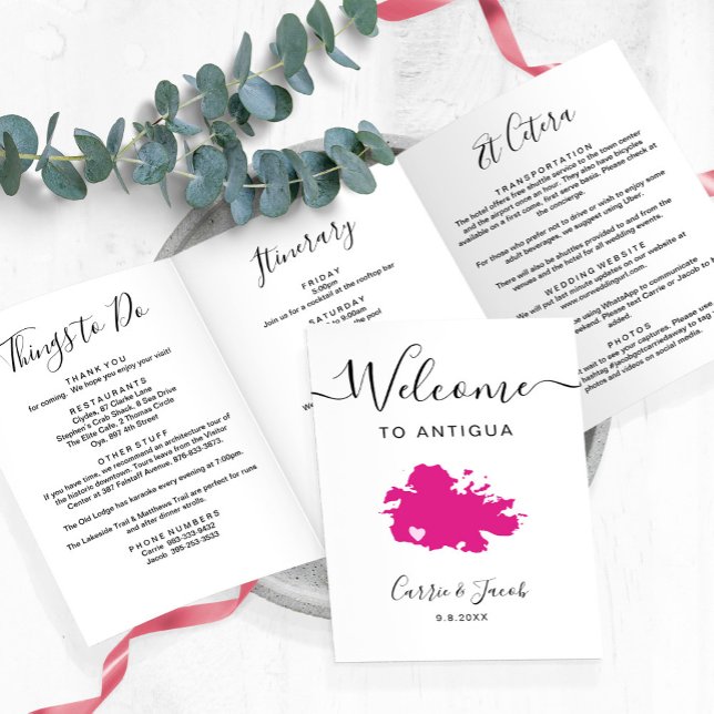 Any Colour Antigua Wedding Bag Welcome Itinerary Tri-Fold Programme (Antigua wedding welcome letter )