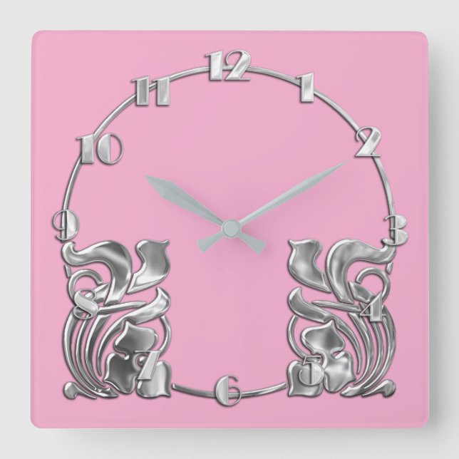 Any Colour Art Deco Silver Design Square Wall Clock (Front)