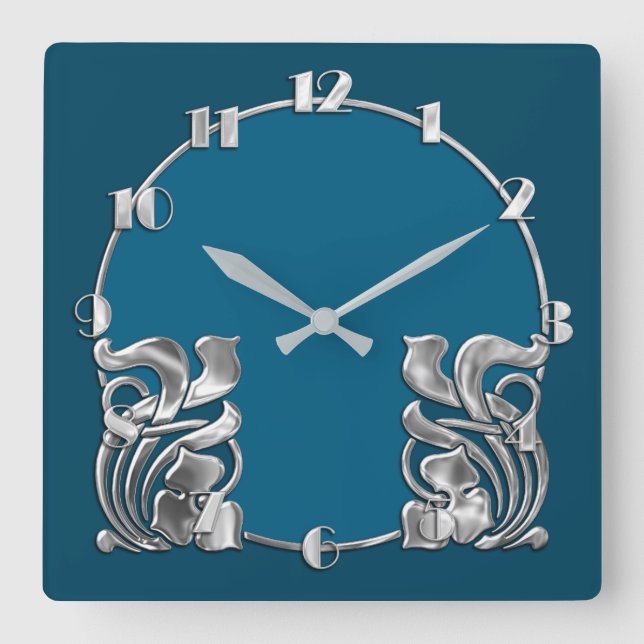 Any Colour Art Deco Silver Design Square Wall Clock (Front)