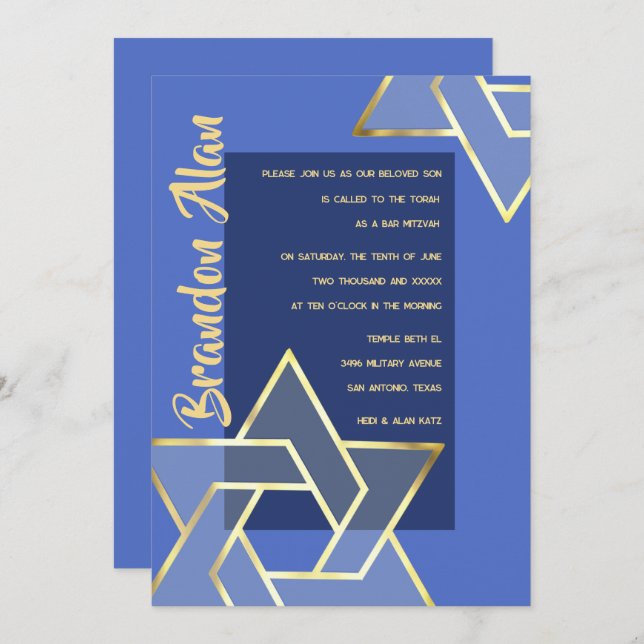 Any Colour Bar Mitzvah Large Gold Star of David Invitation (Front/Back)
