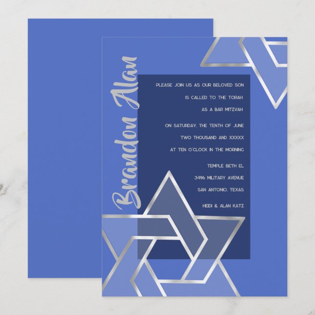 Any Colour Bar Mitzvah Large Silver Star of David Invitation (Front/Back)