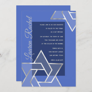 Any Colour Bat Mitzvah Large Silver Star of David Invitation