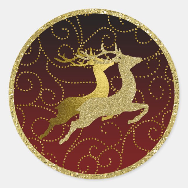 Any Colour Black Ombre Two Gold Reindeer Holiday Classic Round Sticker (Front)