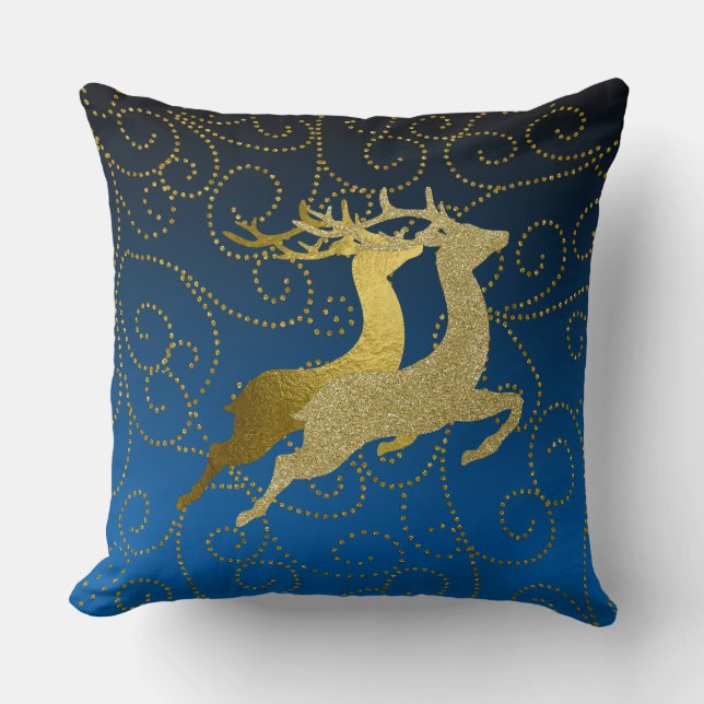 Any Colour Black Ombre Two Gold Reindeer Holiday Cushion (Front)