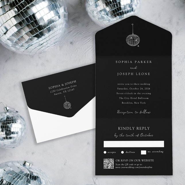 Any Colour Disco Ball Black | Wedding QR Code All In One Invitation (Creator Uploaded)