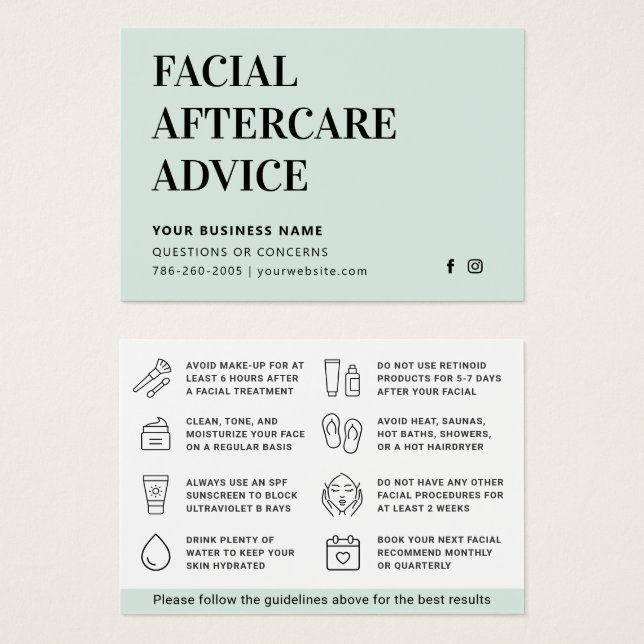 Any Colour Facial Aftercare Advice Instruction Car (Front & Back)