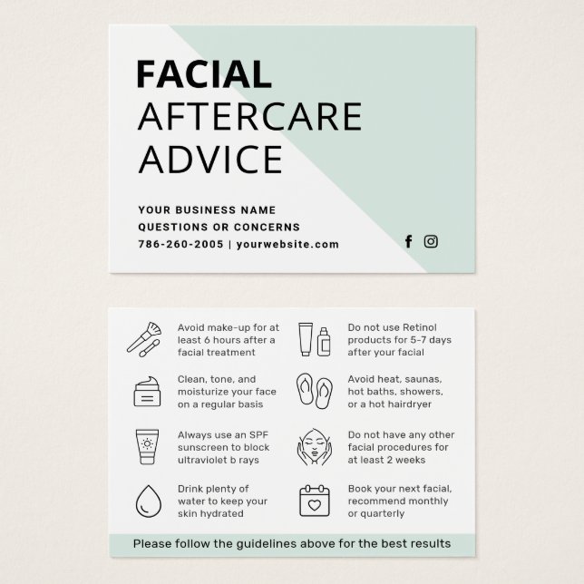 Any Colour Facial Aftercare Advice Instruction Car (Front & Back)