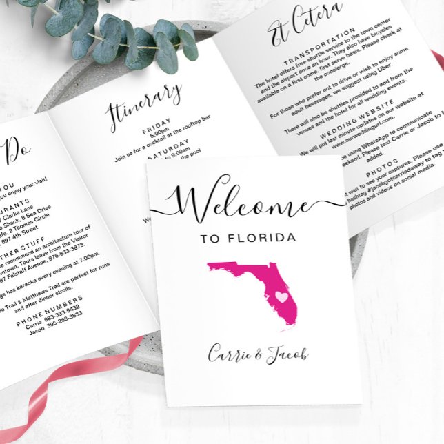 Any Colour Florida Wedding Welcome Bag Itinerary Tri-Fold Programme (Florida State Map Wedding Welcome Bag Itinerary & Letter)