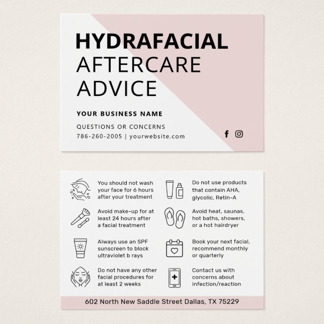 Any Colour HydraFacial Aftercare Instructions Card (Front & Back)