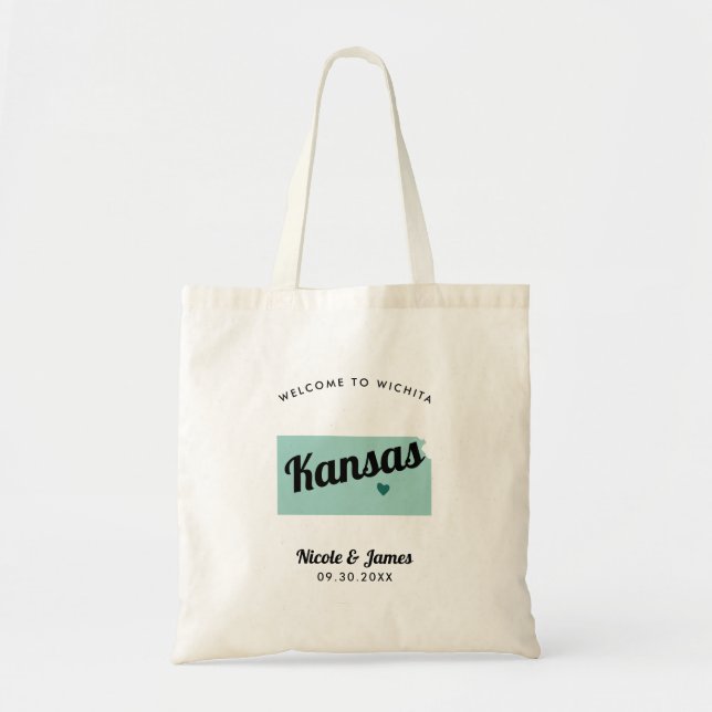 Any Colour Kansas Map Wedding Welcome Tote Bag (Front)