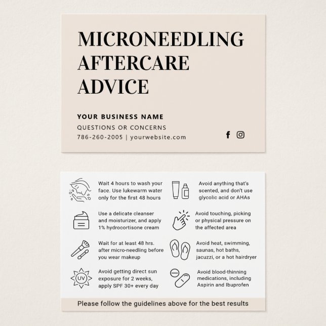 Any Colour Microneedling Aftercare Instruction Car (Front & Back)