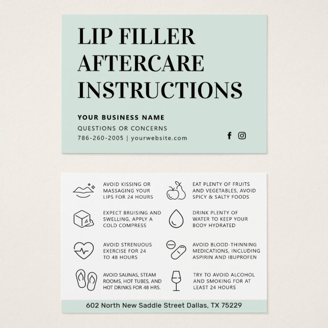 Any Colour Mint Lip Filler Botox Aftercare Card (Front & Back)